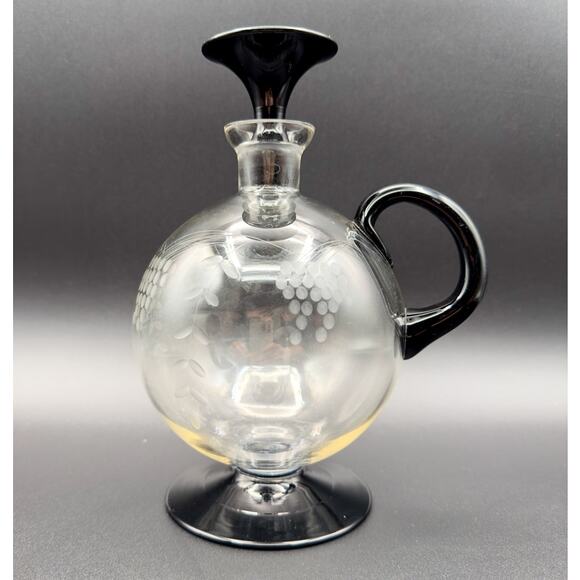 Lyngby Glass Decanter Art Deco Danish Etched Grapes Black Foot and Stopper c 40s - Picture 6 of 13